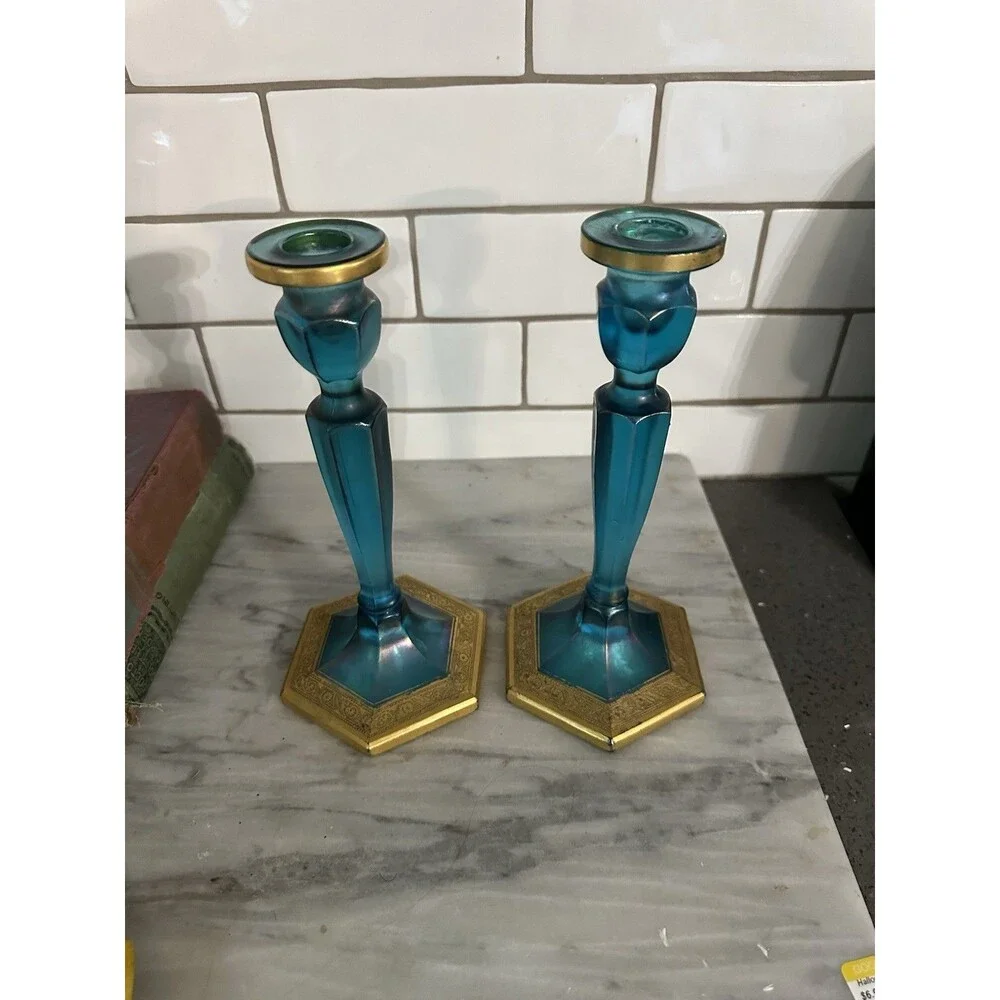Pair of Vintage Fenton Celeste Blue & Gold Gilt Stretched 8.5 Inch Candlesticks
